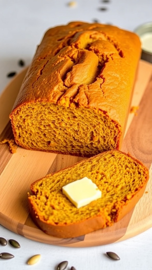 A loaf of pumpkin bread sliced on a cutting board with butter and pumpkin seeds.